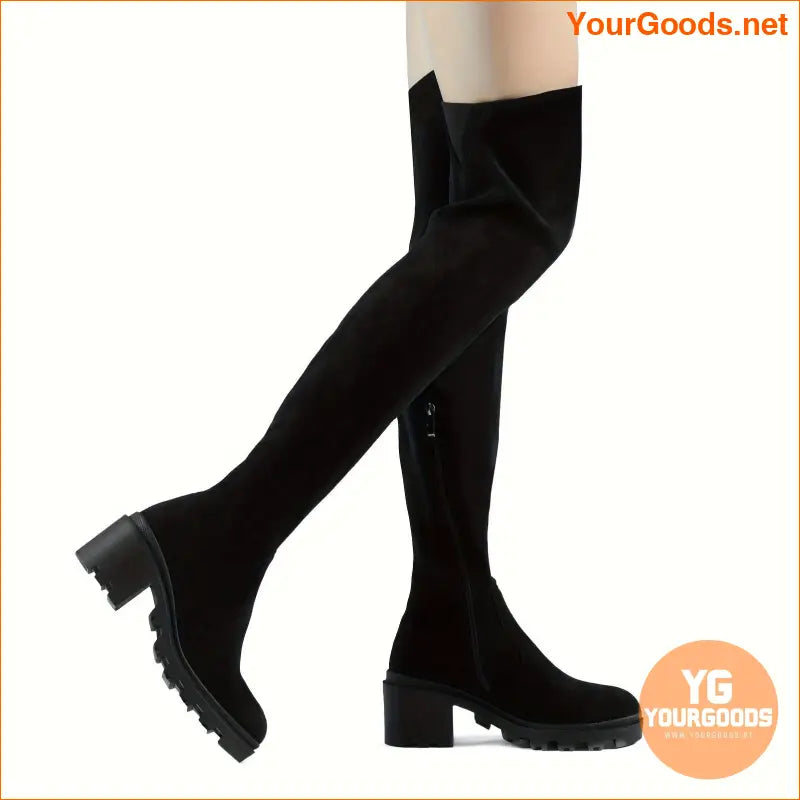 Stretch Suede OvertheKnee Chunky Heel Boots - YourGoods Online Shop