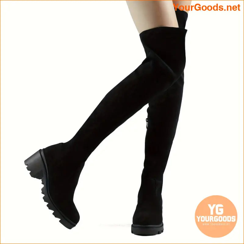 Stretch Suede OvertheKnee Chunky Heel Boots - YourGoods Online Shop