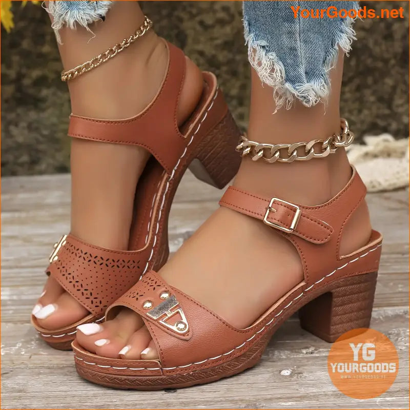 Stylish Womens Chunky Heel CutOut Sandals - YourGoods Online Shop