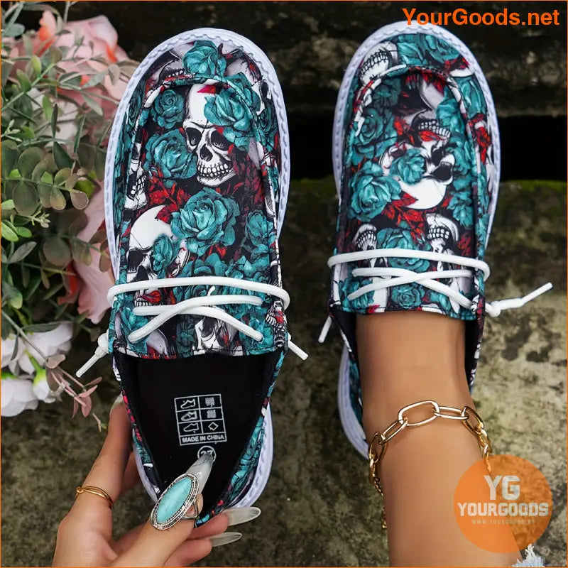 Stylish Womens Skull Flower Canvas Shoes Perfect for Halloween - YourGoods Online Shop