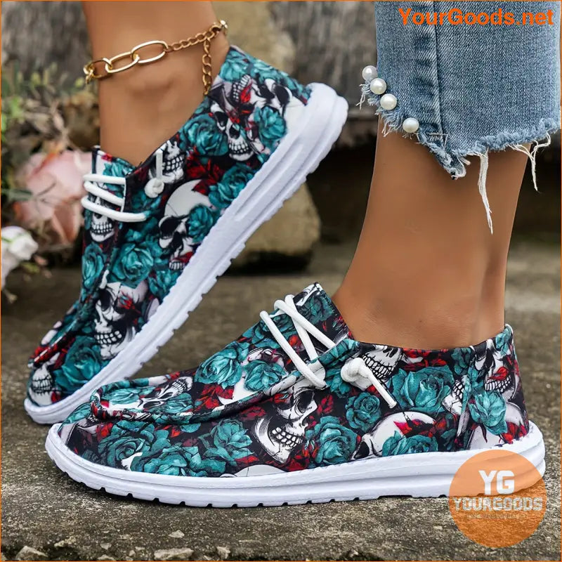 Stylish Womens Skull Flower Canvas Shoes Perfect for Halloween - YourGoods Online Shop