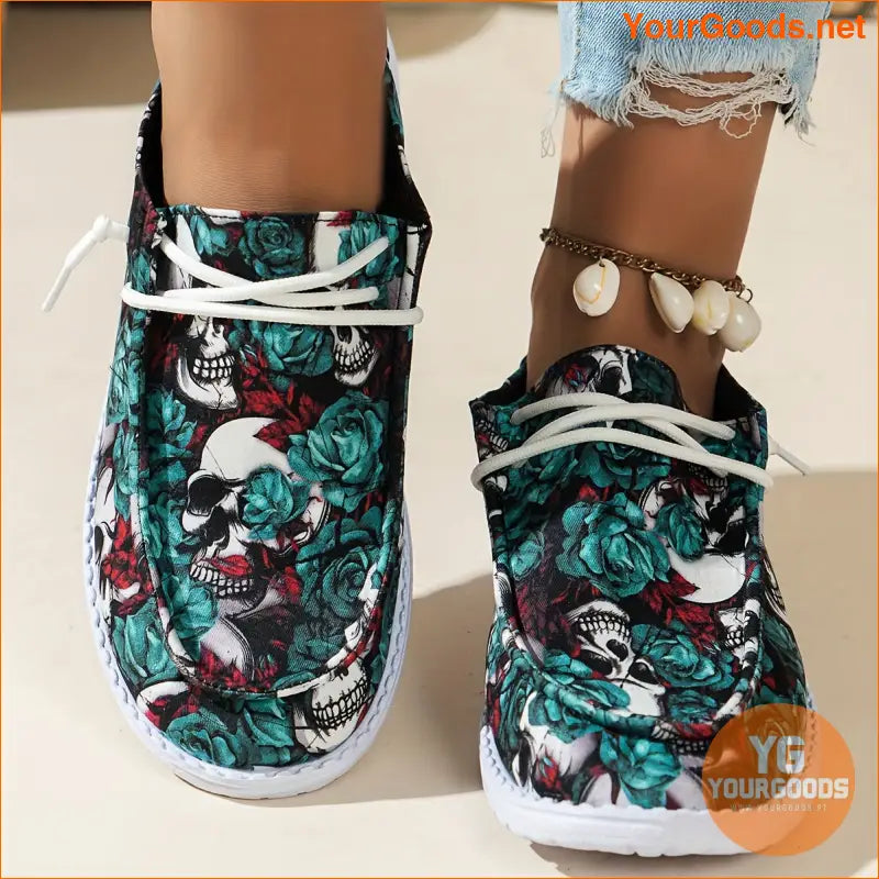 Stylish Womens Skull Flower Canvas Shoes Perfect for Halloween - YourGoods Online Shop