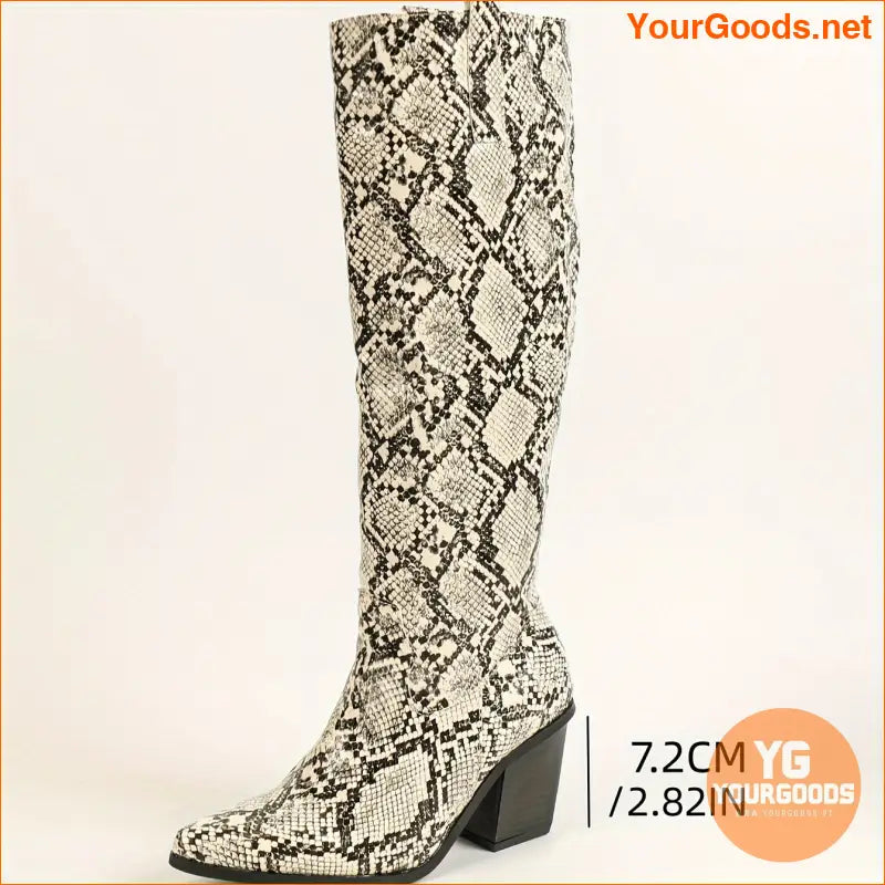 Stylish Womens Snakeskin Pattern KneeHigh Chunky Heel Boots - YourGoods Online Shop