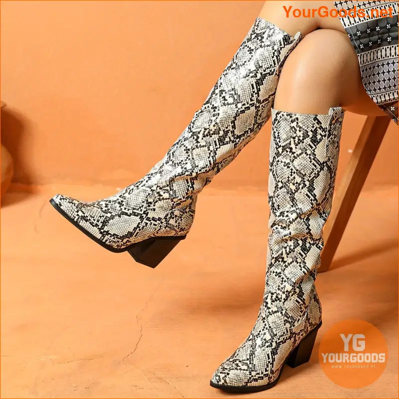 Stylish Womens Snakeskin Pattern KneeHigh Chunky Heel Boots - YourGoods Online Shop