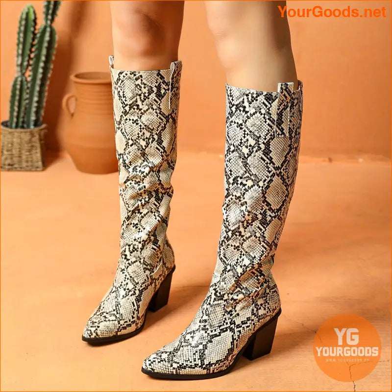 Stylish Womens Snakeskin Pattern KneeHigh Chunky Heel Boots - YourGoods Online Shop