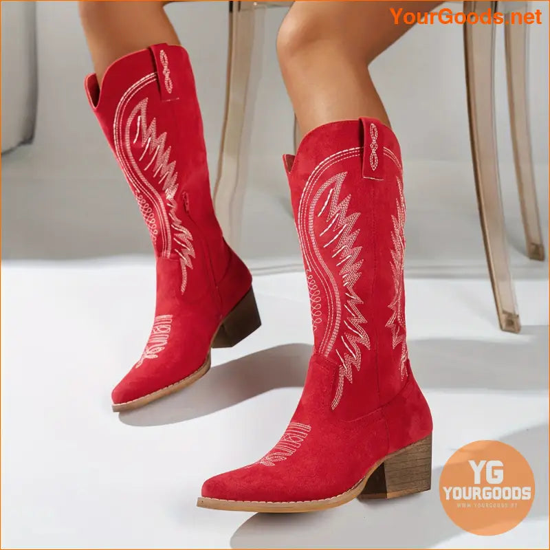 Trendy Chunky Heel Pointed Toe MidCalf Cowboy Boots - YourGoods Online Shop