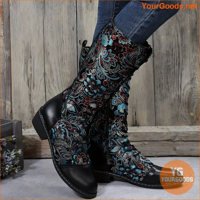 Trendy Womens Floral Platform Boots with Side Zipper - YourGoods Online Shop