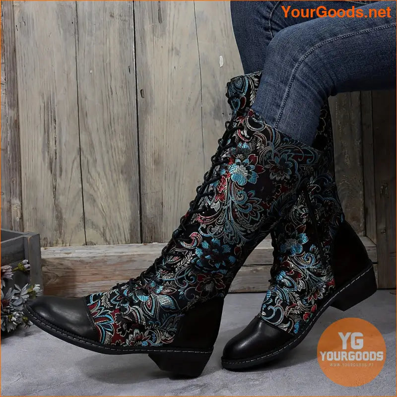 Trendy Womens Floral Platform Boots with Side Zipper - YourGoods Online Shop