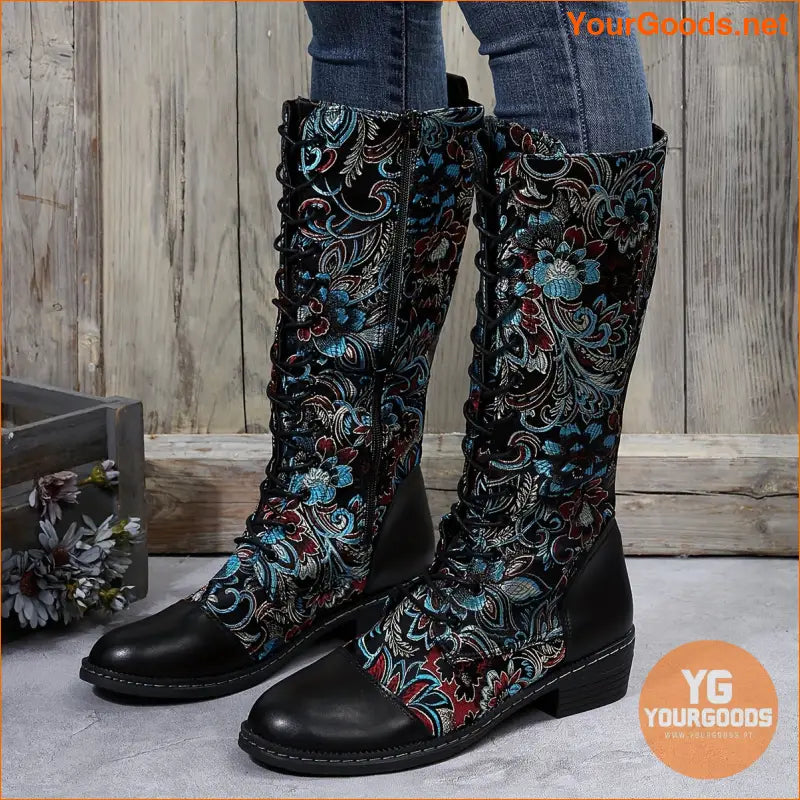 Trendy Womens Floral Platform Boots with Side Zipper - YourGoods Online Shop