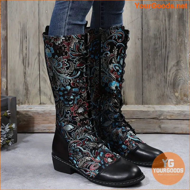 Trendy Womens Floral Platform Boots with Side Zipper - YourGoods Online Shop