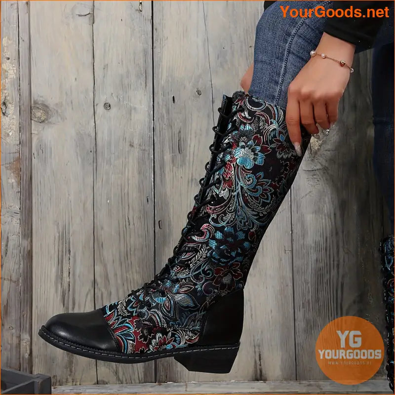 Trendy Womens Floral Platform Boots with Side Zipper - YourGoods Online Shop