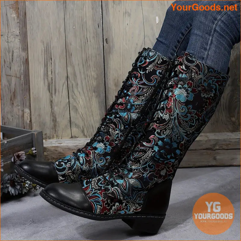 Trendy Womens Floral Platform Boots with Side Zipper - YourGoods Online Shop