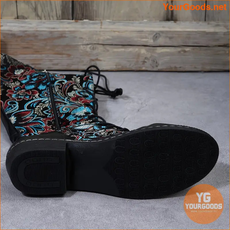 Trendy Womens Floral Platform Boots with Side Zipper - YourGoods Online Shop