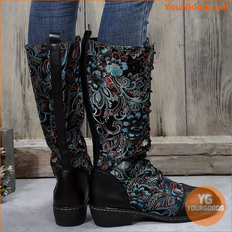 Trendy Womens Floral Platform Boots with Side Zipper - YourGoods Online Shop