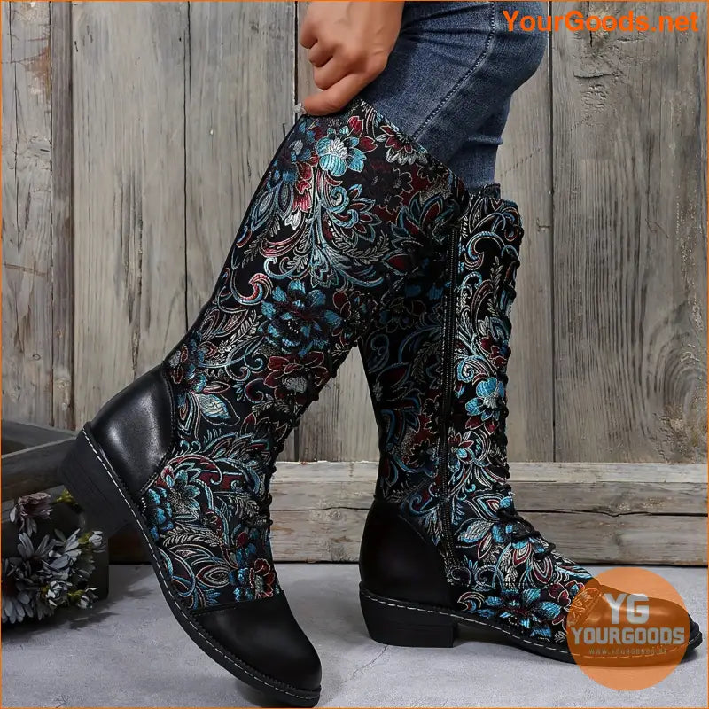 Trendy Womens Floral Platform Boots with Side Zipper - YourGoods Online Shop