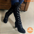 Versatile Womens Chunky Heel LaceUp KneeHigh Boots - YourGoods Online Shop