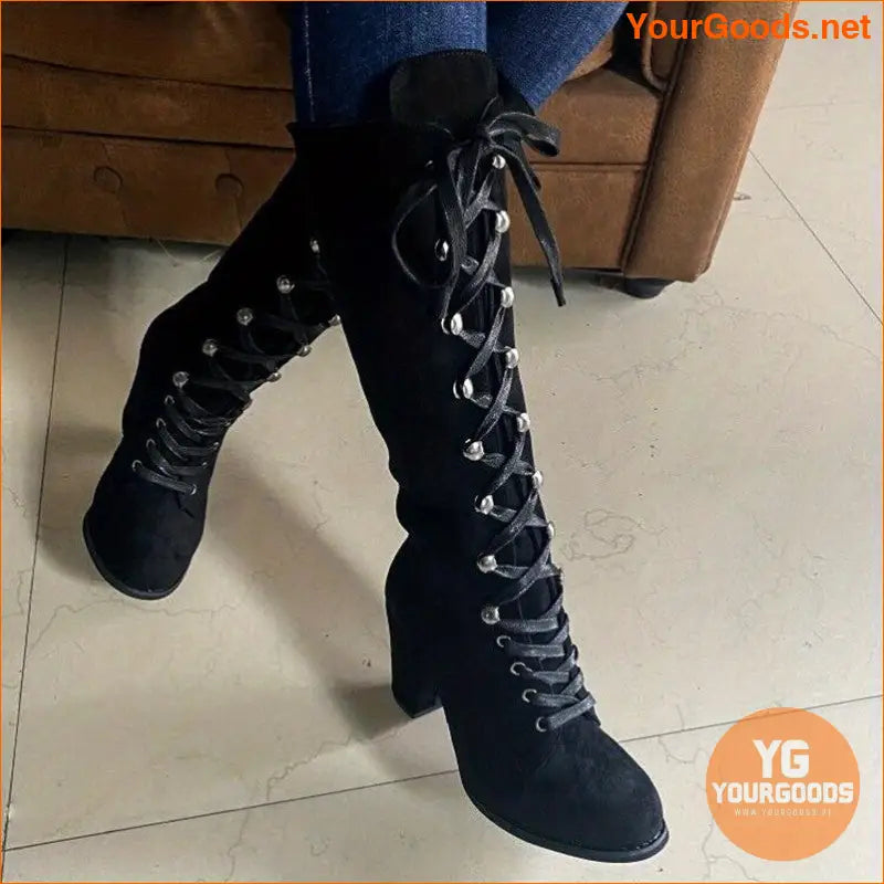 Versatile Womens Chunky Heel LaceUp KneeHigh Boots - YourGoods Online Shop