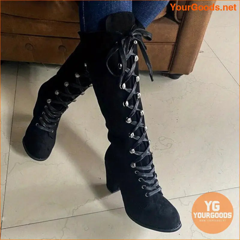 Versatile Womens Chunky Heel LaceUp KneeHigh Boots - YourGoods Online Shop