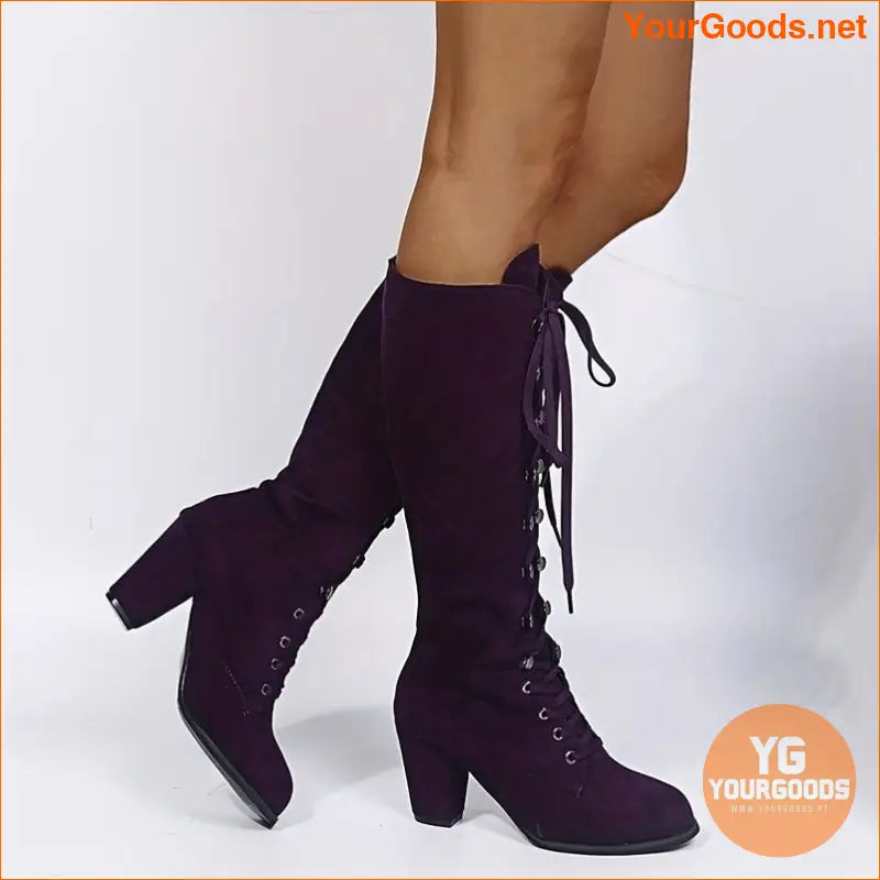 Versatile Womens Chunky Heel LaceUp KneeHigh Boots - YourGoods Online Shop