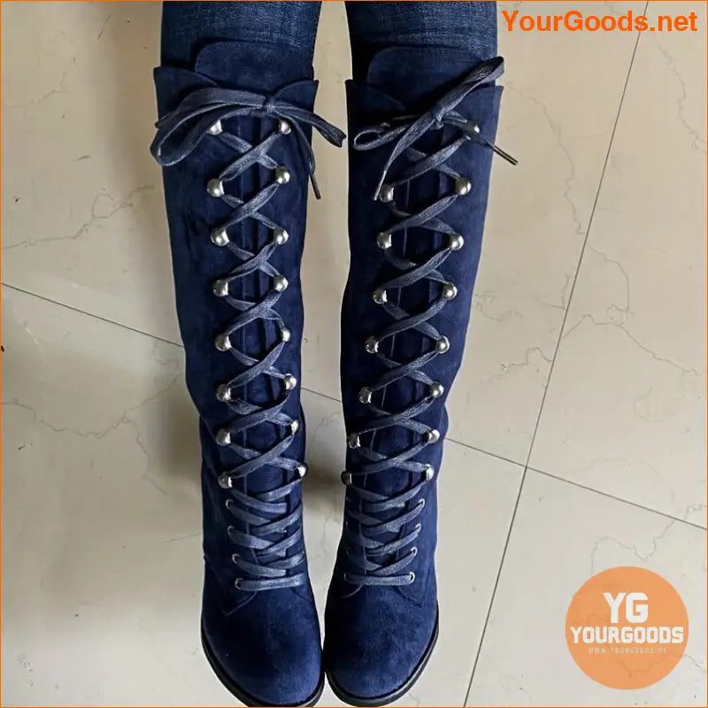 Versatile Womens Chunky Heel LaceUp KneeHigh Boots - YourGoods Online Shop