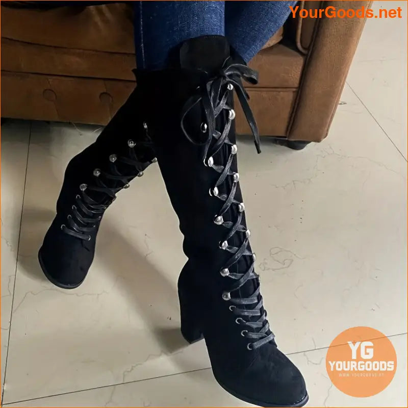 Versatile Womens Chunky Heel LaceUp KneeHigh Boots - YourGoods Online Shop