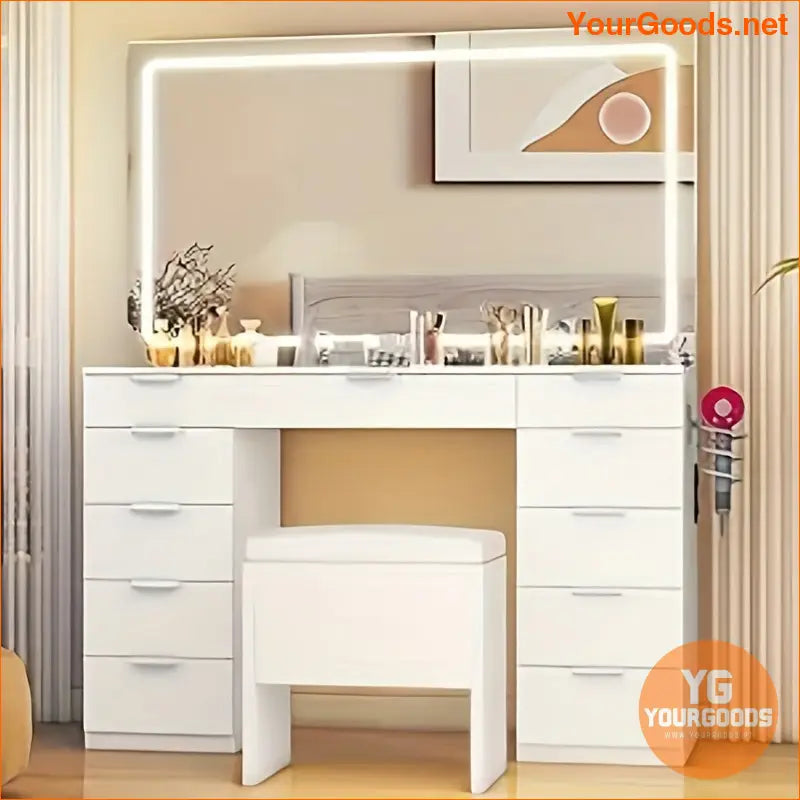 White Quoyad Vanity Desk Set with LED Mirror Storage - YourGoods Online Shop