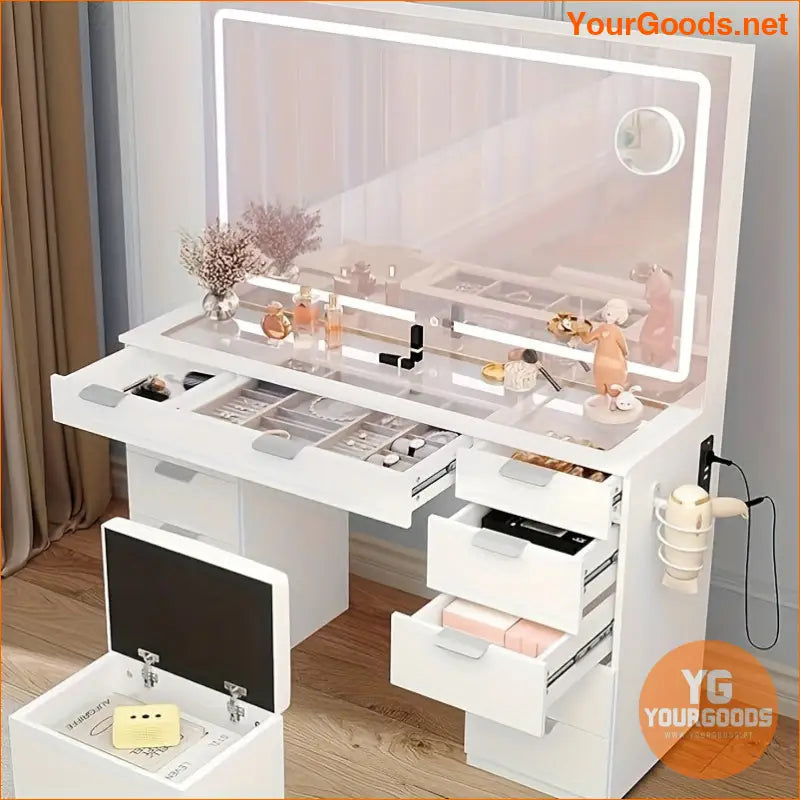 White Quoyad Vanity Desk Set with LED Mirror Storage - YourGoods Online Shop