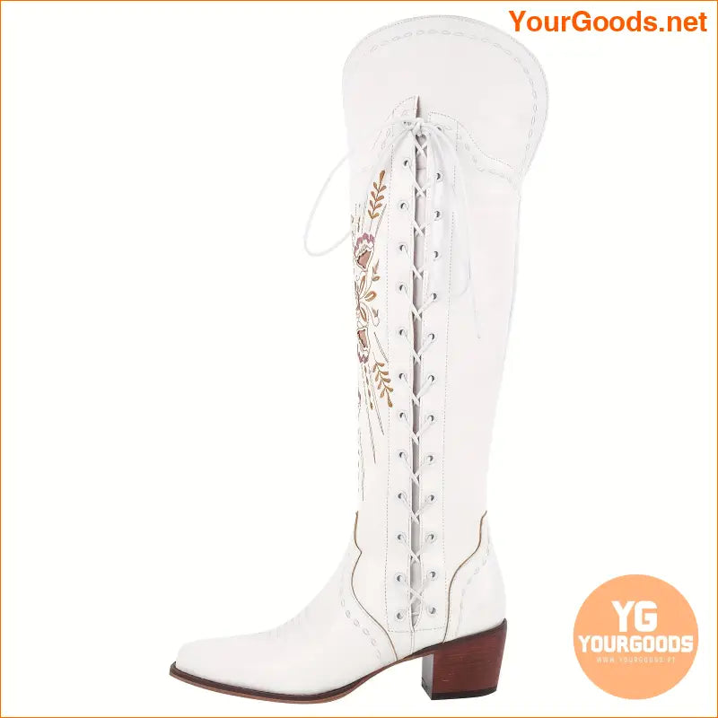 Wide Calf Embroidered Cowgirl KneeHigh LaceUp Boots - YourGoods Online Shop