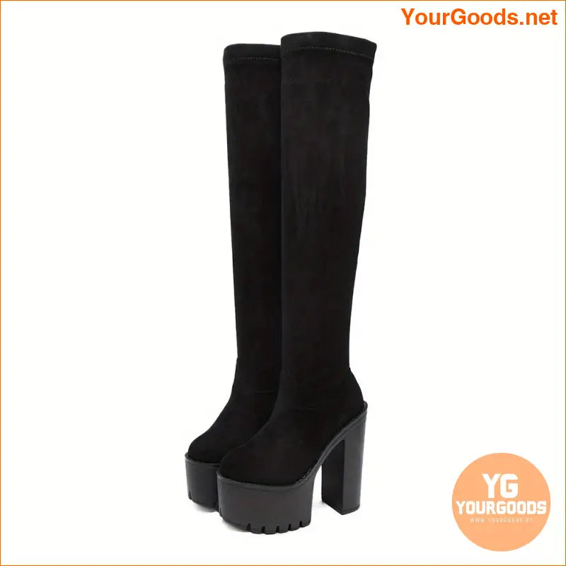 Womens Black Round Toe Platform BlockHeeled Boots - YourGoods Online Shop