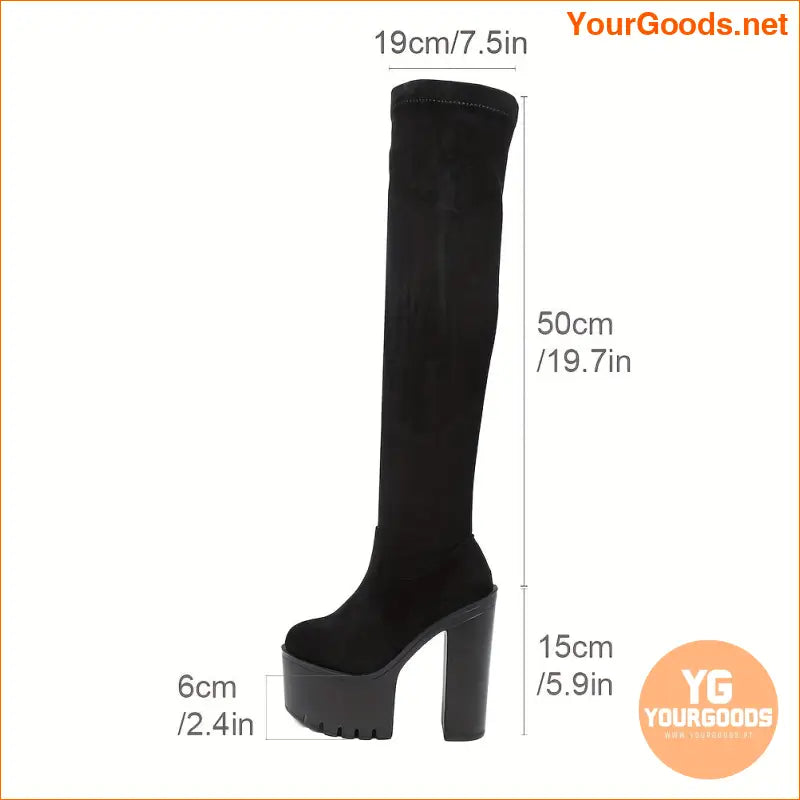 Womens Black Round Toe Platform BlockHeeled Boots - YourGoods Online Shop