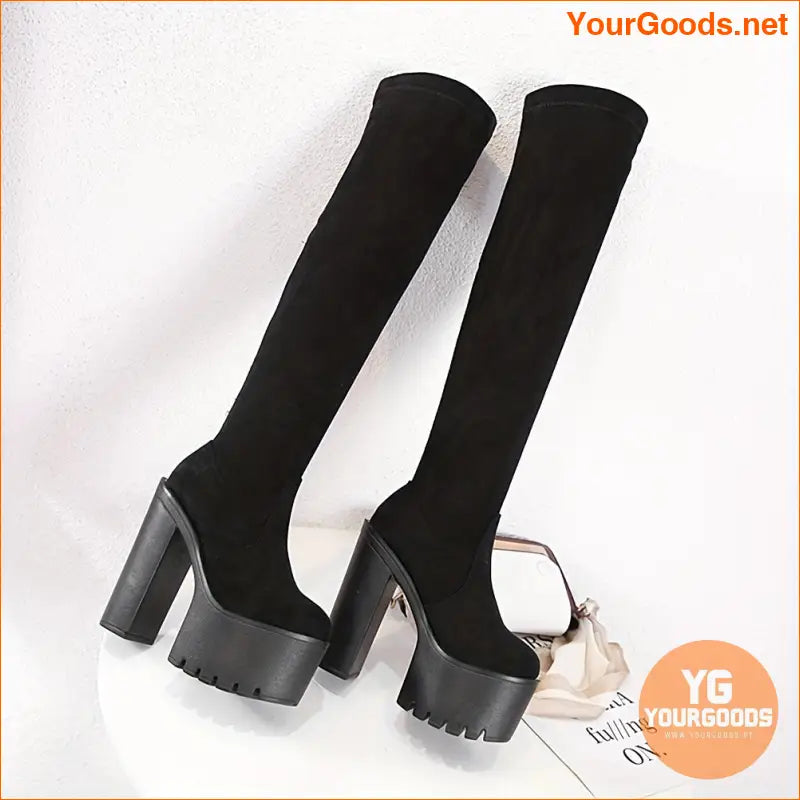 Womens Black Round Toe Platform BlockHeeled Boots - YourGoods Online Shop