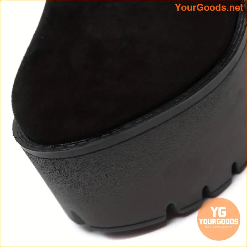 Womens Black Round Toe Platform BlockHeeled Boots - YourGoods Online Shop