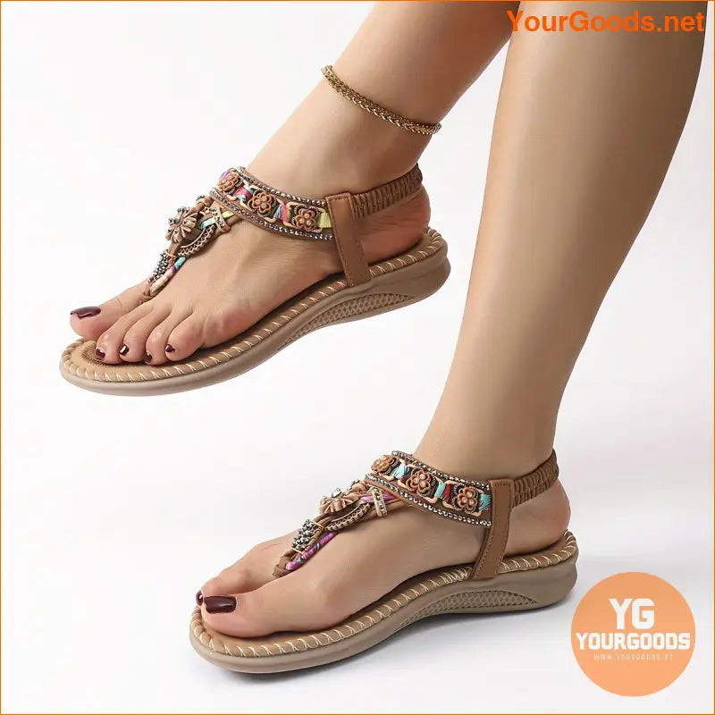 Womens Boho Beaded Thong Sandals Soft Sole Holiday Shoes - YourGoods Online Shop