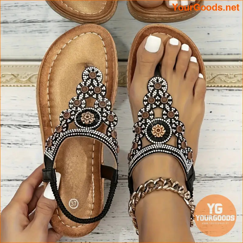 Womens Boho Rhinestone Flower Elastic Strap Sandals - YourGoods Online Shop