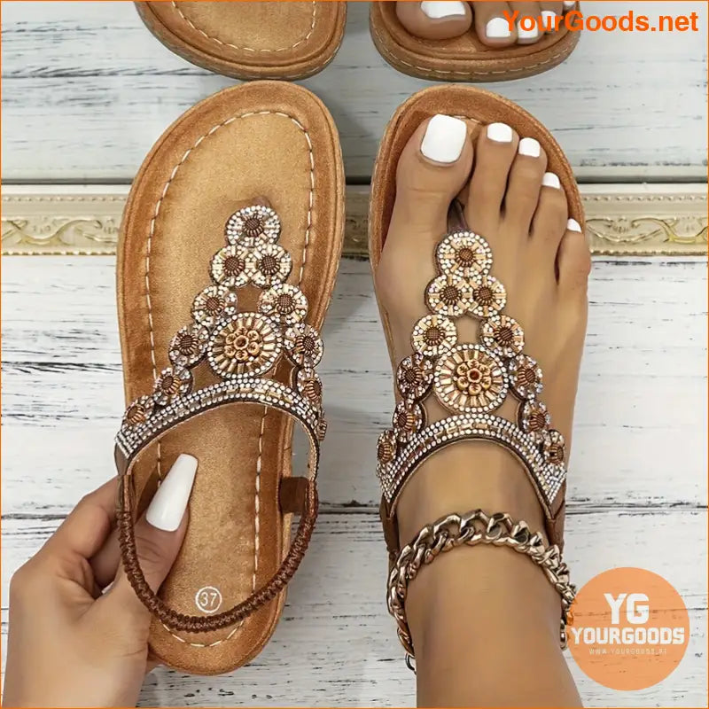 Womens Boho Rhinestone Flower Elastic Strap Sandals - YourGoods Online Shop