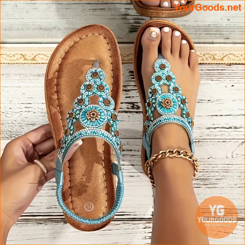 Womens Boho Rhinestone Flower Elastic Strap Sandals - YourGoods Online Shop