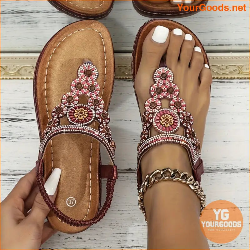 Womens Boho Rhinestone Flower Elastic Strap Sandals - YourGoods Online Shop