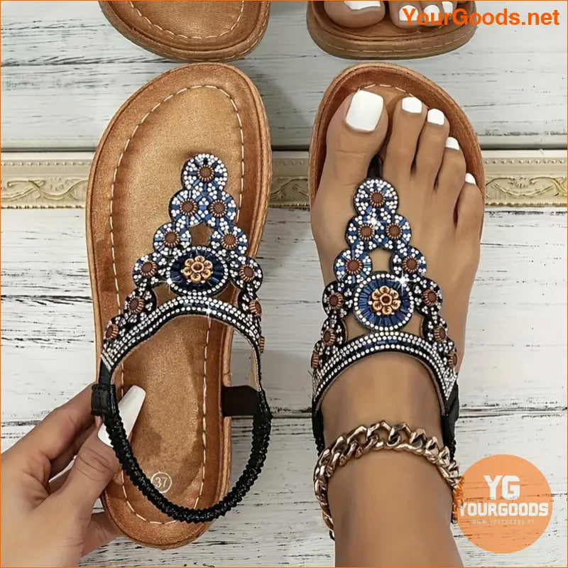 Womens Boho Rhinestone Flower Elastic Strap Sandals - YourGoods Online Shop