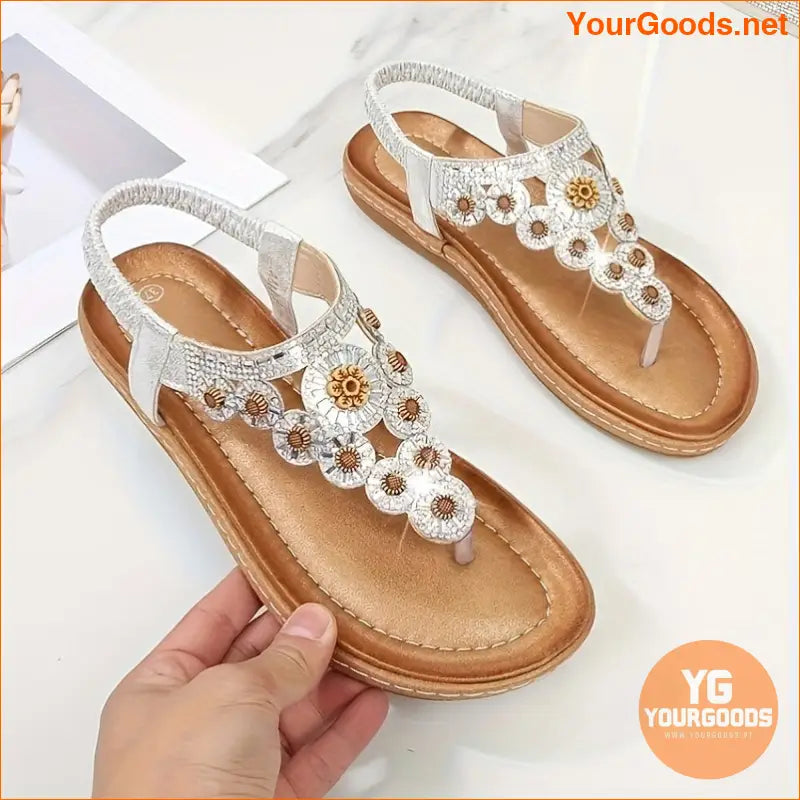 Womens Boho Rhinestone Flower Elastic Strap Sandals - YourGoods Online Shop