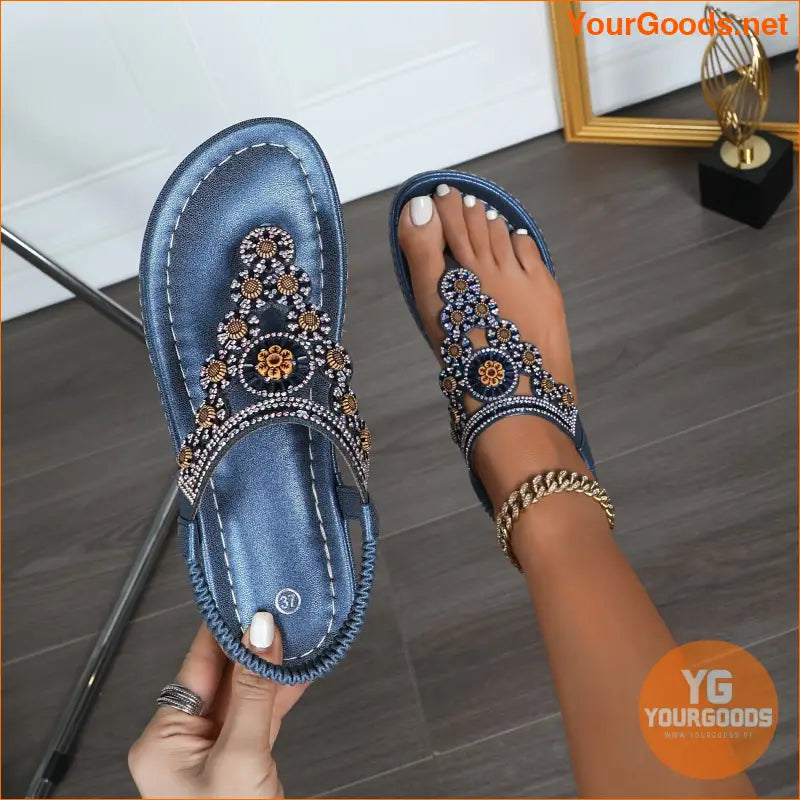 Womens Boho Rhinestone Thong Sandals for Summer Vacations - YourGoods Online Shop