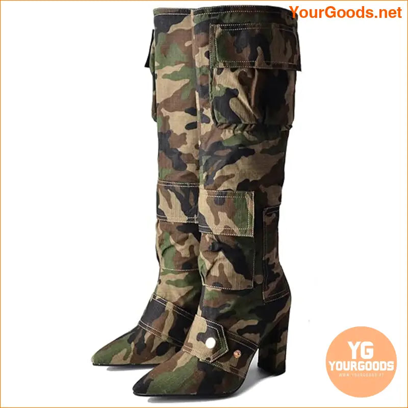 Womens Camo SlipOn High Knee Boots with Buckle Decor - YourGoods Online Shop