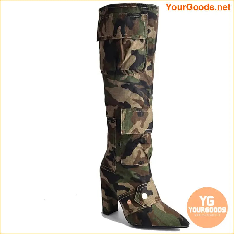 Womens Camo SlipOn High Knee Boots with Buckle Decor - YourGoods Online Shop