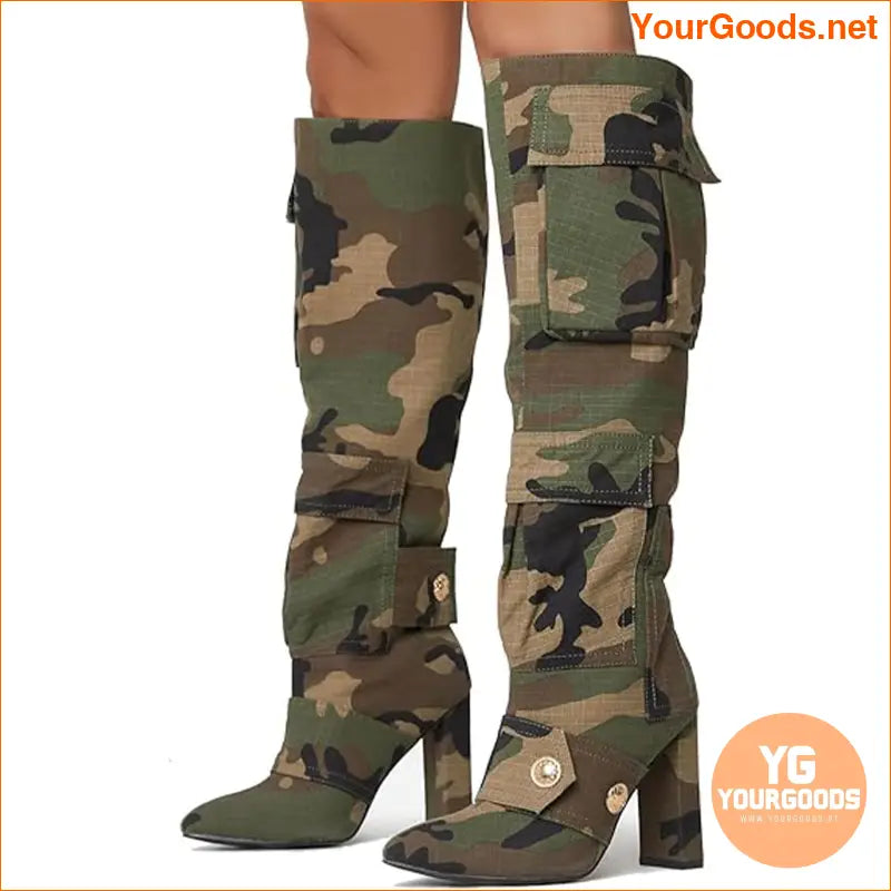 Womens Camo SlipOn High Knee Boots with Buckle Decor - YourGoods Online Shop