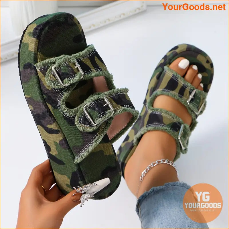 Womens Camouflage Denim Wedge Sandals with Buckle - YourGoods Online Shop