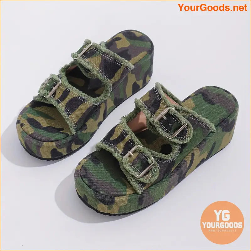 Womens Camouflage Denim Wedge Sandals with Buckle - YourGoods Online Shop