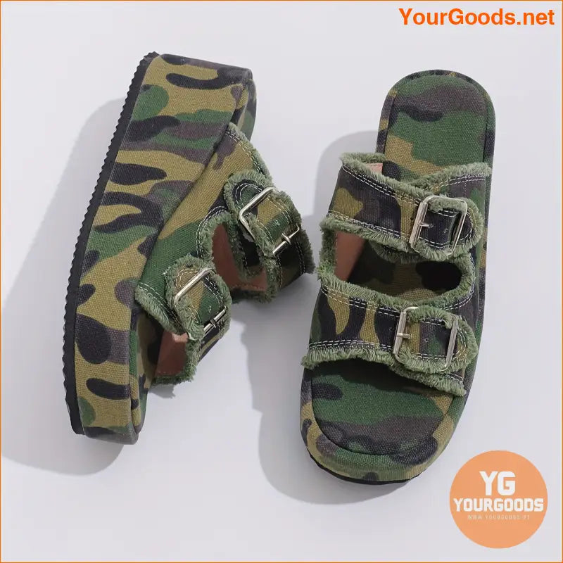 Womens Camouflage Denim Wedge Sandals with Buckle - YourGoods Online Shop