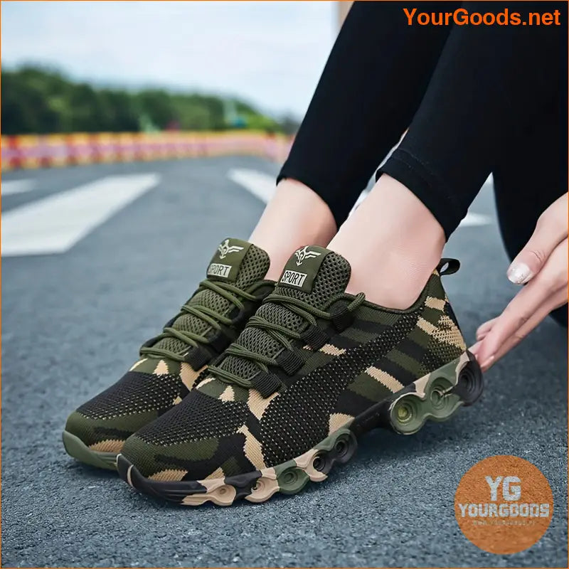 Women's Camouflage Print Sneakers, Breathable Flying Woven Outdoor Shoes, Comfortable Low Top Sport Shoes - YourGoods Online Shop