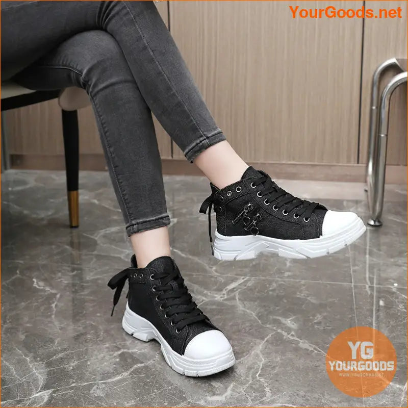 Women's Canvas Platform Sneakers, Zip Detail Lace Up High Top Shoes, Casual All-Match Sports Shoes - YourGoods Online Shop