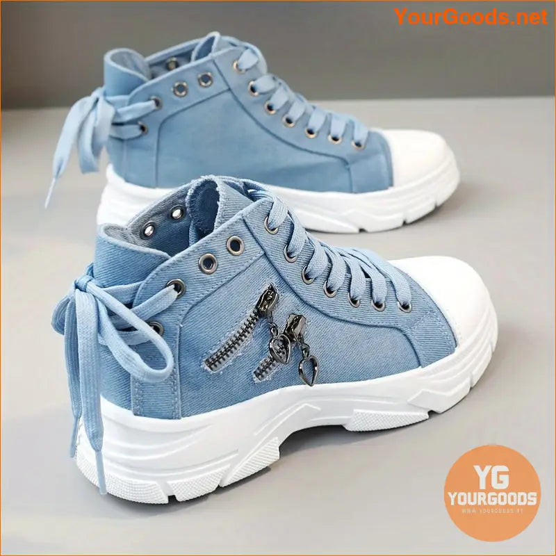 Women's Canvas Platform Sneakers, Zip Detail Lace Up High Top Shoes, Casual All-Match Sports Shoes - YourGoods Online Shop