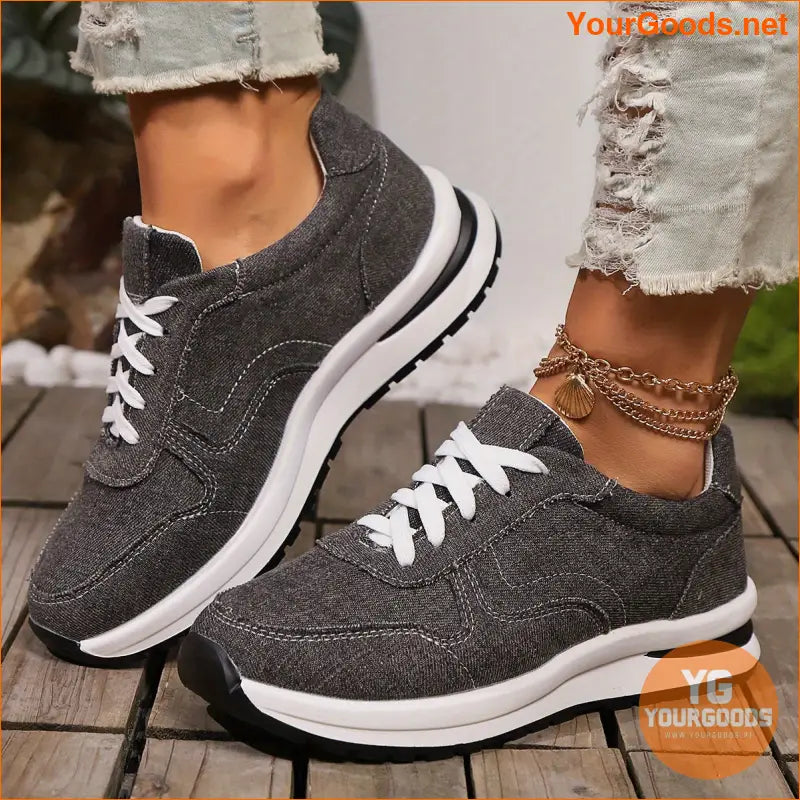 Women's Casual Denim Fabric Sneakers - Lace-Up Low Top All-Season Shoes with Non-Slip PU Sole, Plain Toe, and Comfort Insole - European & North America Special Design for Casual Style - YourGoods Online Shop